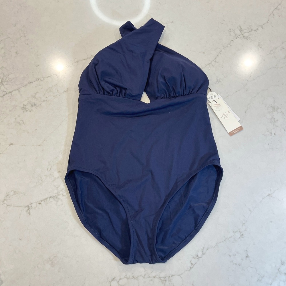 CALIA Cutout Halter High Leg One Piece Swimsuit Womens 10 Dark Blue Padded